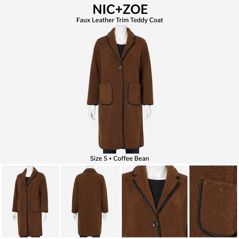 NIC+ZOE Women Coffee Bean Brown Teddy Coat Faux Leather Trim Shawl Collar‎ Small
